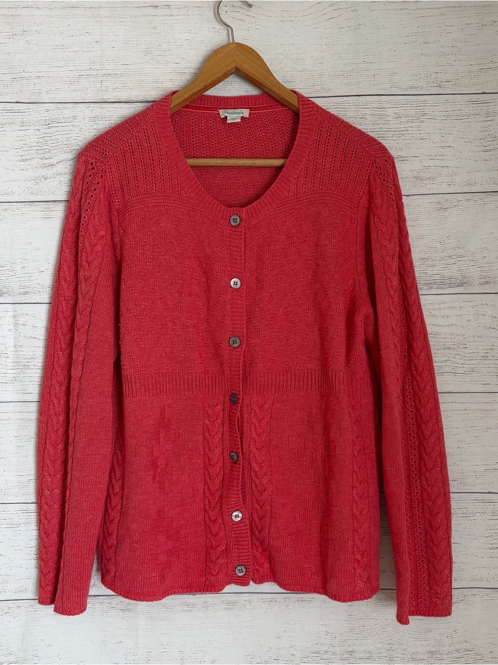 Sundance Sundance Coral Cable-Knit Button-Front Cardigan Sweater.